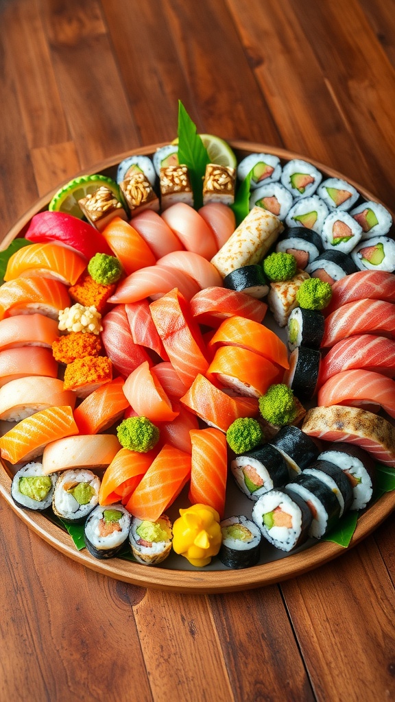 A sushi platter with assorted rolls, nigiri, and sashimi garnished with wasabi and pickled ginger on a wooden table.